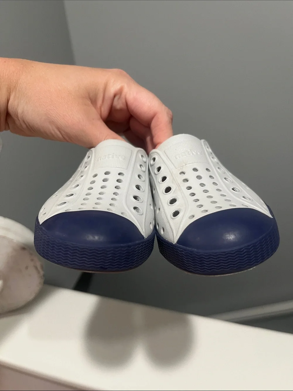 Native Shoes Jefferson C7 Kids Slip On Water Resistant Sneakers Gray and Navy 7